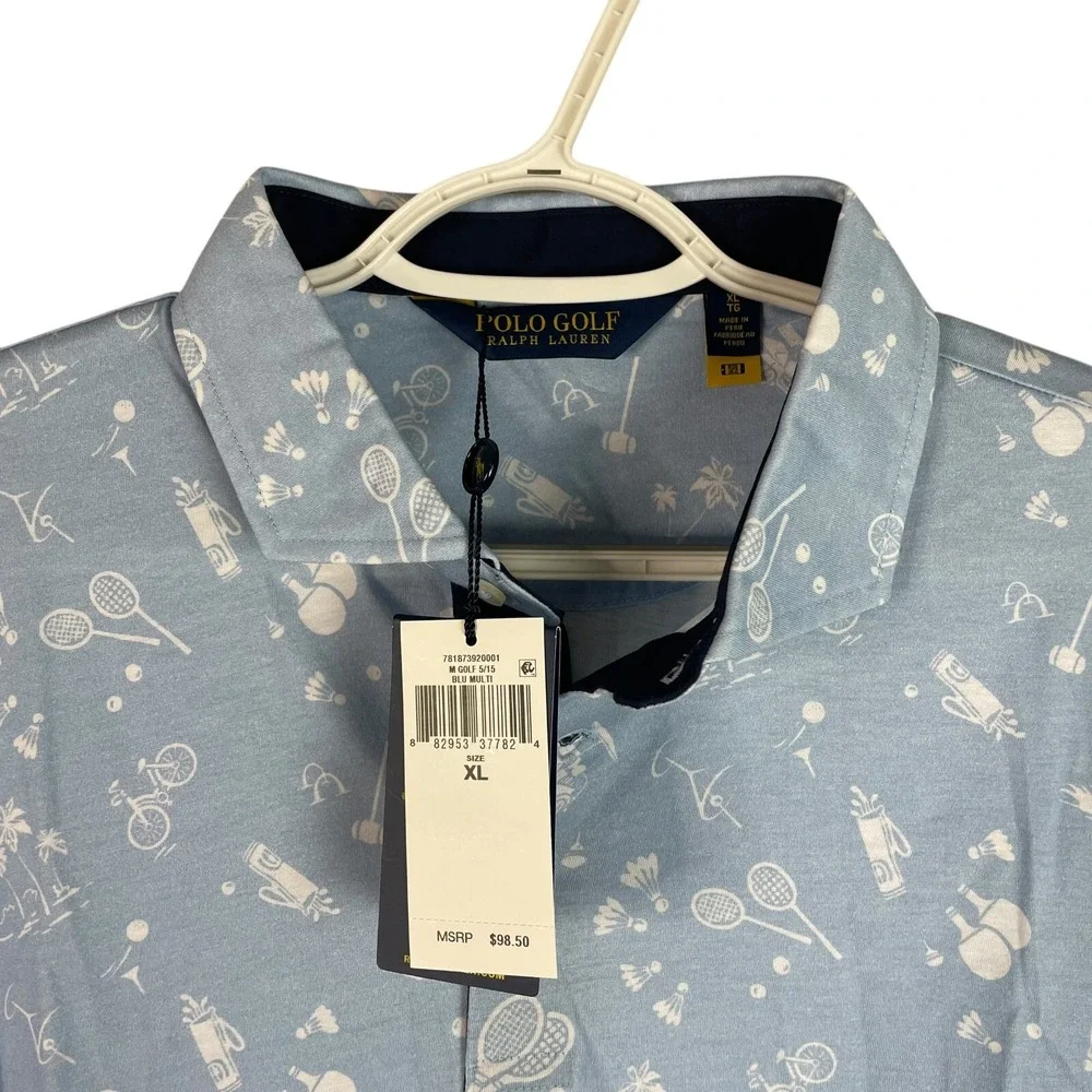 NEW Polo Golf Ralph Lauren Mens Polo Shirt XL Blue All Over Print S/S Stretch‎